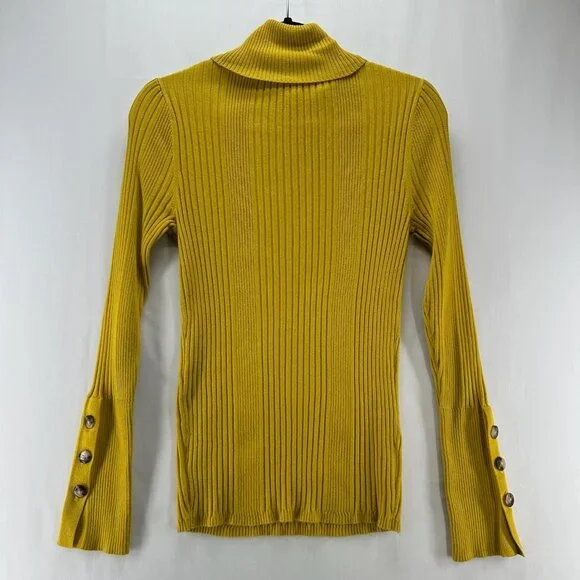 Moth Anthropologie Sweater Size M Ribbed Turtleneck Button Cuff Pullover Yellow - Picture 2 of 11